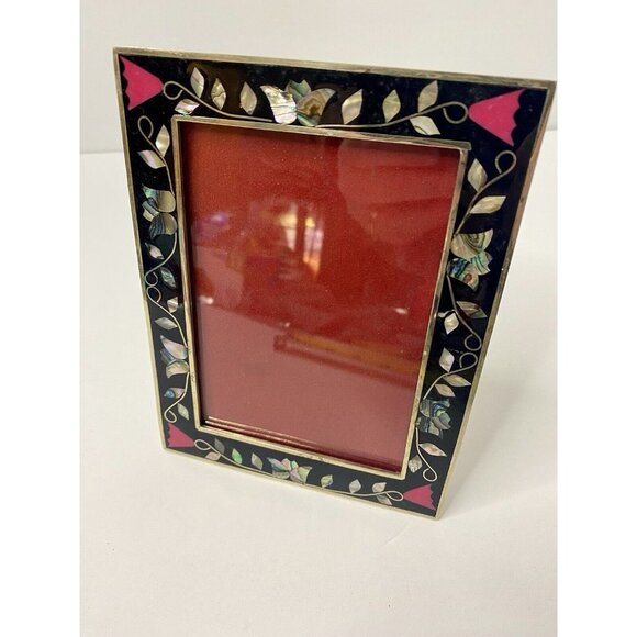Abalone Metal Picture Photo Frame Alpaca Red Floral Accent Stand Up Fits 5x3.5 - Picture 1 of 12
